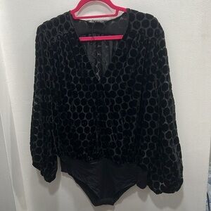 Zara Bodysuit Top Velvet Polka Dot Long Sleeve V Neck Snap Closure